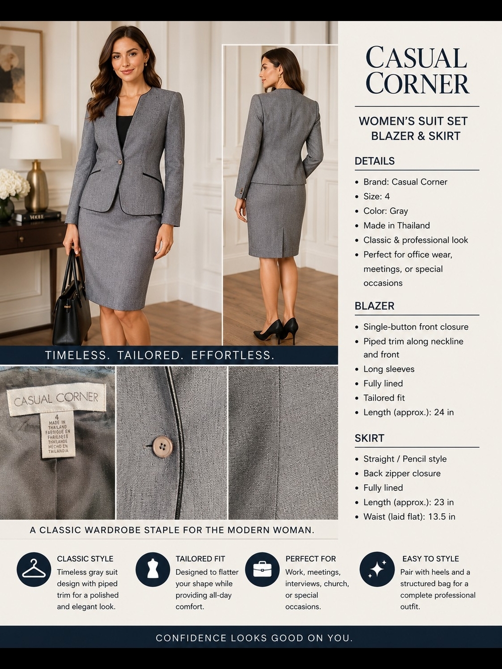 Casual Corner Gray Women's Tailored Blazer & Pencil Skirt Set